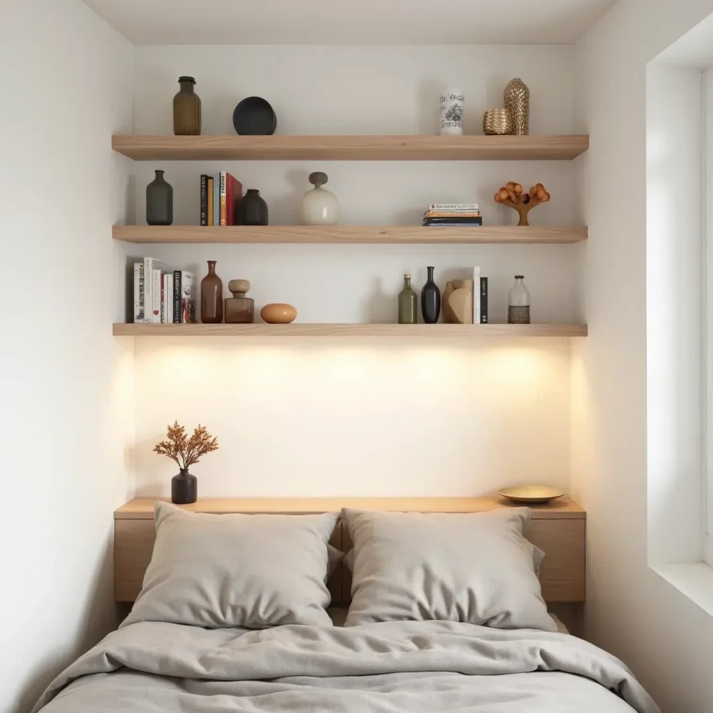 Bedroom alcove with shelving unit above desk holding art books and decorative items, minimalist Scandinavian styling