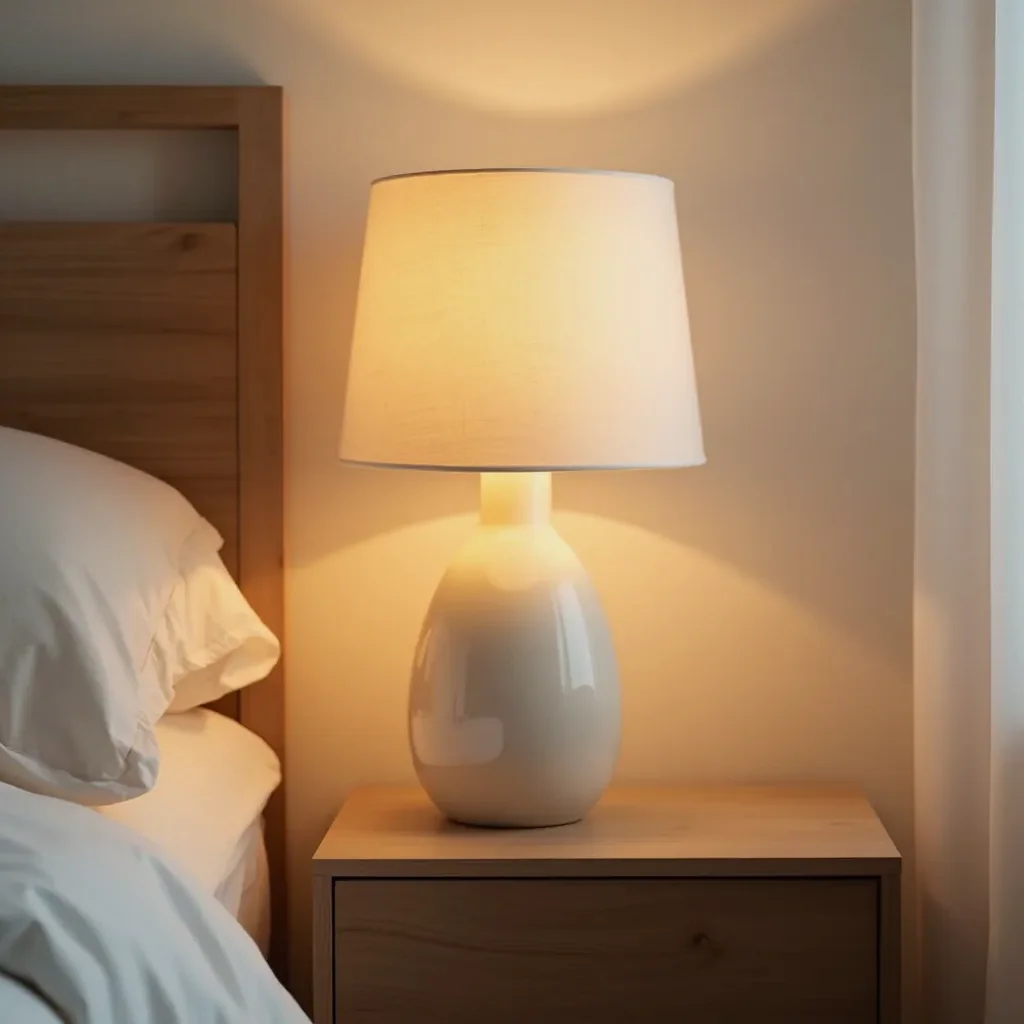 Ceramic table lamp on bedside table in small bedroom, showing proportions and warm light in evening setting with neutral decor