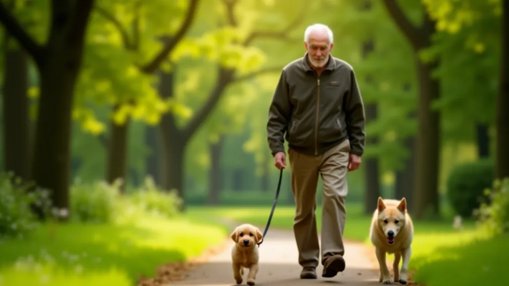 Senukas vyresnio amžiaus žmogus pasivaikšto per žalią parką su savo šuneliu