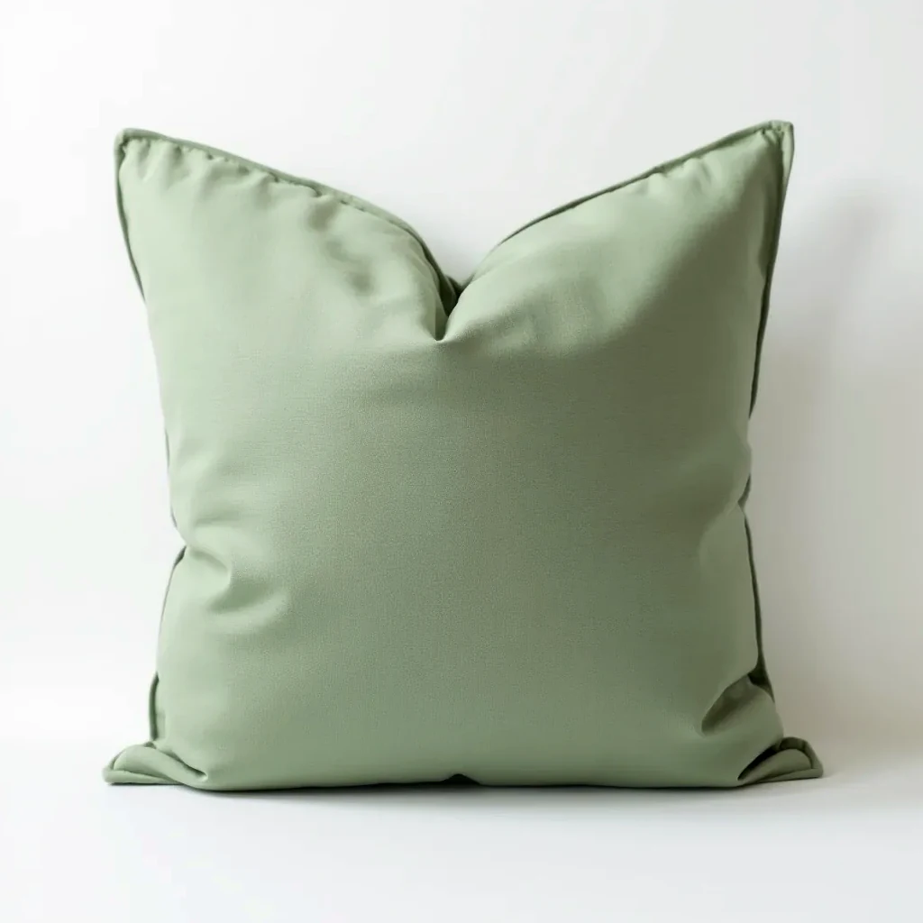 Folded sage green linen cushion cover on white background, showing natural linen texture and zipper detail