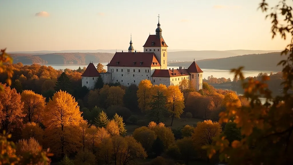 Biržų pilies bokštai žiūri iš aukščio virš rudens spalvomis margomų medžių