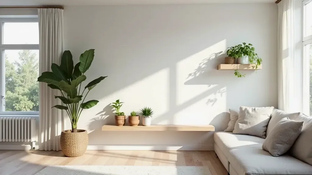 Modern living room with floating oak shelf displaying plants and books, warm afternoon light streaming through large window