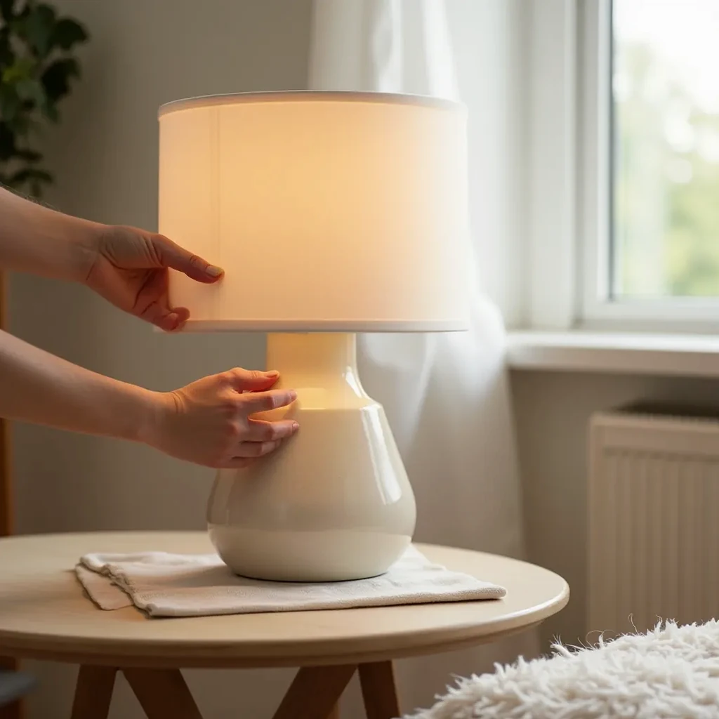 Person gently cleaning ceramic lamp base with soft cloth, showing proper care technique in warm apartment lighting