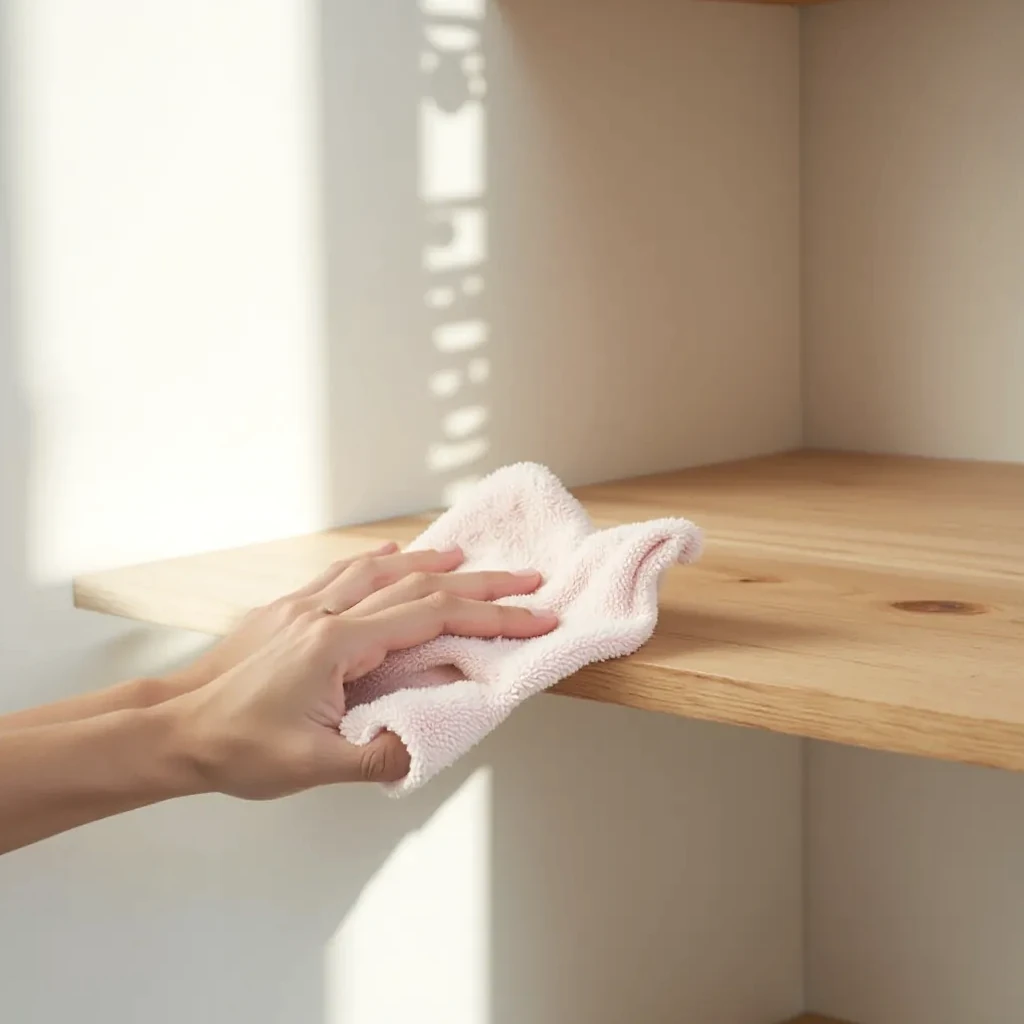 Person dusting wooden shelf with soft microfiber cloth in bright apartment setting