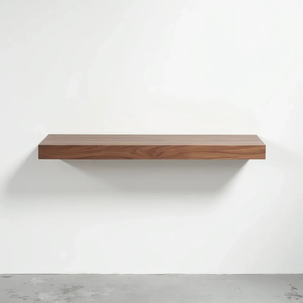 Walnut-finished oak floating shelf mounted on white wall, showing wood grain detail and warm brown tone
