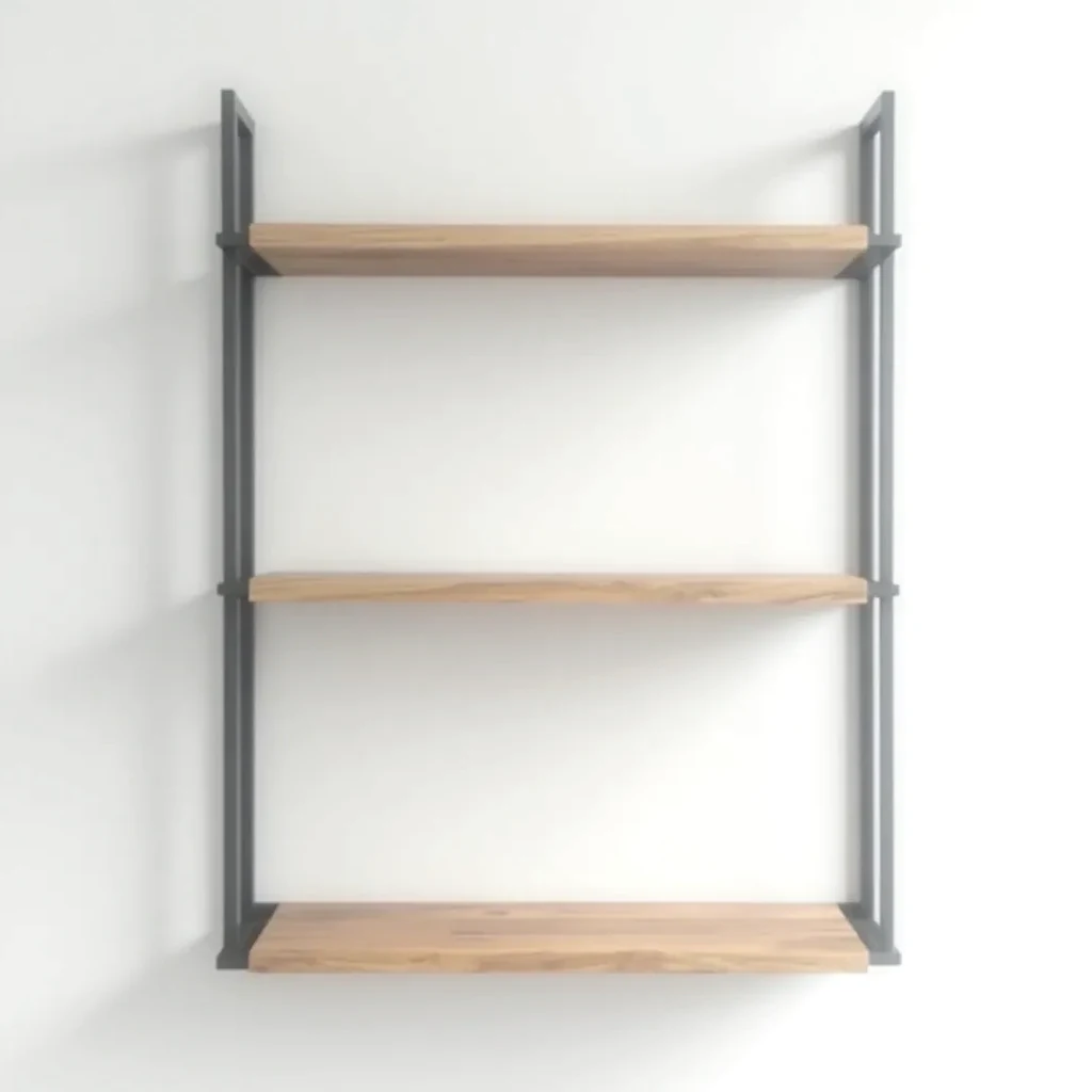 Three-tier wall-mounted shelving unit with matte black steel frame and natural pine shelves against white wall