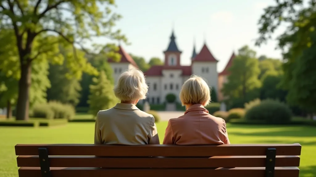 Dvi moters, senukas, pasivaikšto per parką ir mato senąjį pilį toli